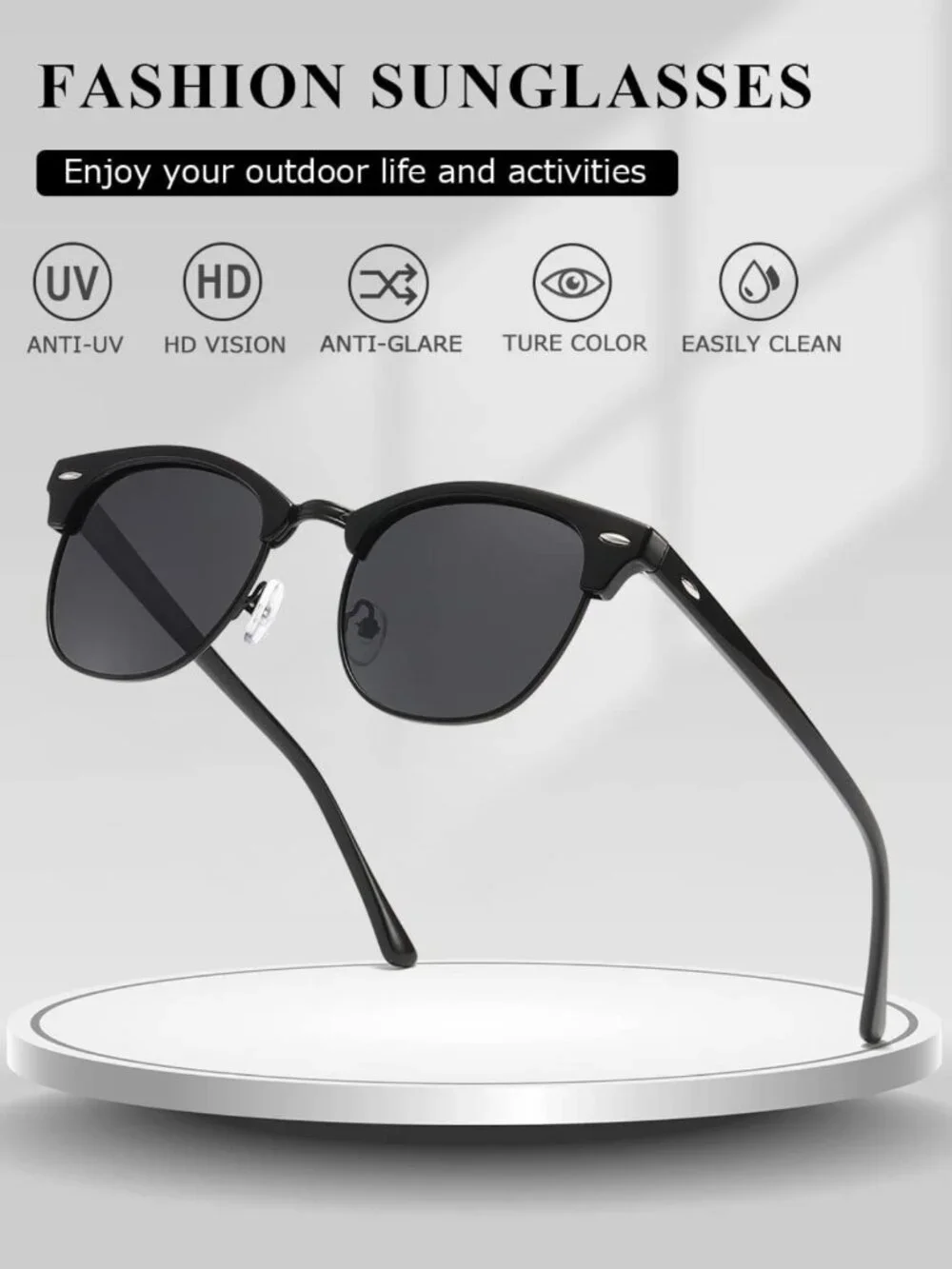 Men's Polarized Semi-Rimless Sunglasses | UV400 Retro Shades, Lightweight Frame
